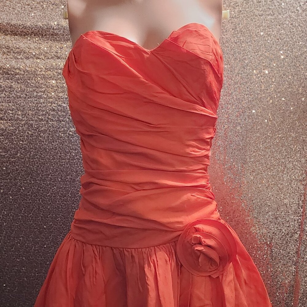 Vintage.Strapless Orange Dress w/Flower.Formal: Wedding, Prom, Homecoming.